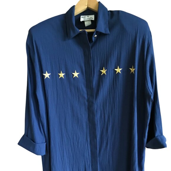 Niki & Danielle 70s Oversized Tunic: Navy Blouse, Appliqued Gold Stars, Size 12 - Picture 8 of 9